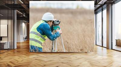 Surveyor with digital level working in field Wall mural