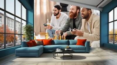 Three cheerful, handsome, interracial men in casual attire are sitting around a table, sharing beer and pizza, enjoying each others company. Wall mural