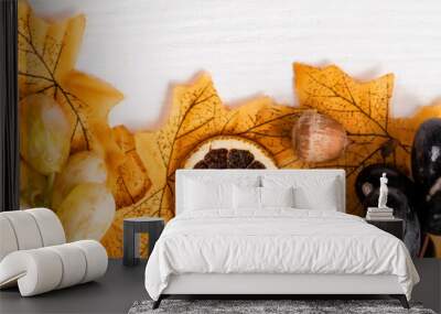 top view of autumnal decoration and grapes on white wooden background, panoramic shot Wall mural