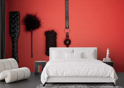 top view of black paddle, gag, rope, feather tickler isolated on red Wall mural