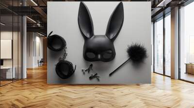 top view of black rabbit mask and sex toys on white background Wall mural