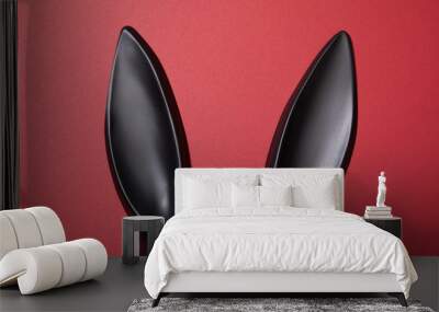 top view of black rabbit mask on red background Wall mural