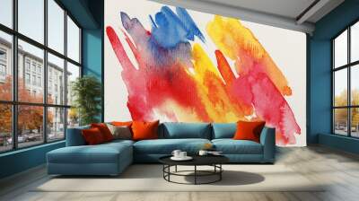 top view of bright yellow, blue and red watercolor paint brushstrokes on white background Wall mural