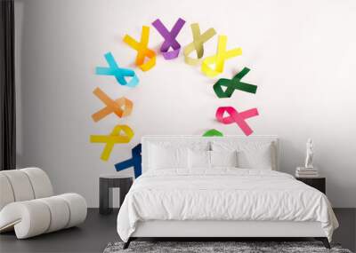 top view of colorful ribbons arranged in circle isolated on white, world cancer day concept Wall mural