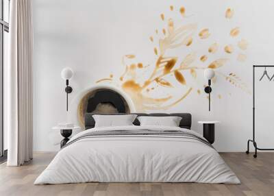 top view of cup of coffee and brown stains in floral shape on grey Wall mural