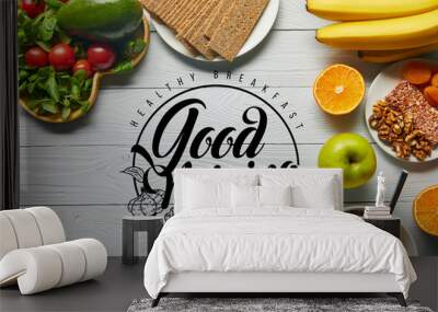 top view of fresh fruits, vegetables and cereal on wooden white background with healthy breakfast, good morning illustration Wall mural