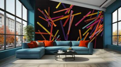 top view of multicolored abstract lines isolated on black background, connection and communication concept Wall mural