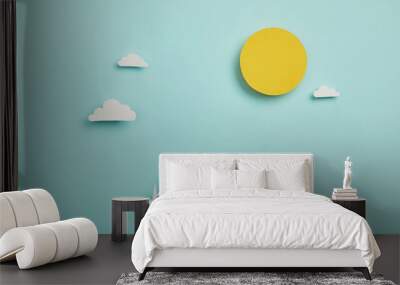 Top view of paper cut planet with renewable energy sources on turquoise background, earth day concept Wall mural