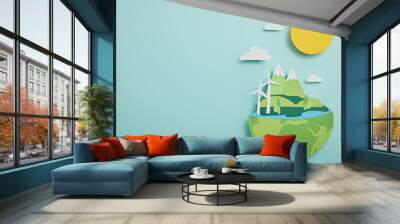 top view of paper cut planet with renewable energy sources on turquoise background, earth day concept Wall mural