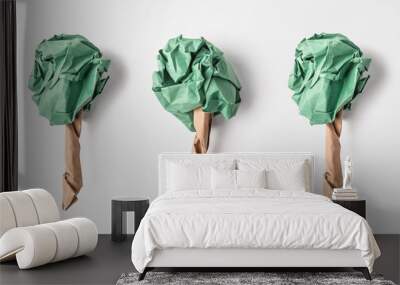 top view of paper made green trees isolated on grey, recycling and environment protection concept Wall mural