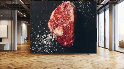 top view of raw meat steak and salt on surface in kitchen Wall mural