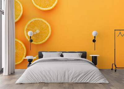 top view of ripe juicy orange slices on colorful background with copy space Wall mural