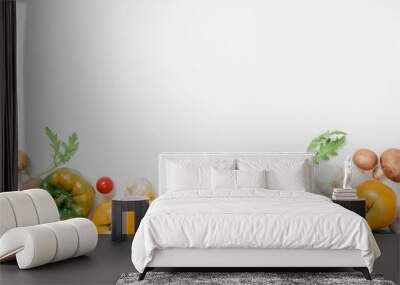 top view of ripe vegetables and herbs isolated on white Wall mural