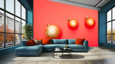 top view of shiny baubles on red background Wall mural