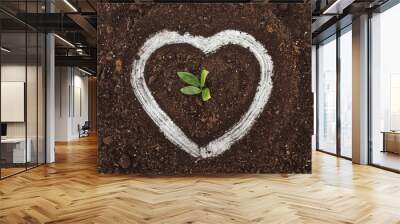 top view of small plant with green leaves inside of heart shape drawing, protecting nature concept Wall mural