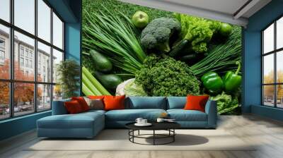 top view of uncooked tasty green vegetables on grass, healthy eating concept Wall mural