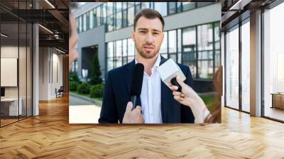 two professional journalists interviewing businessman with microphones Wall mural