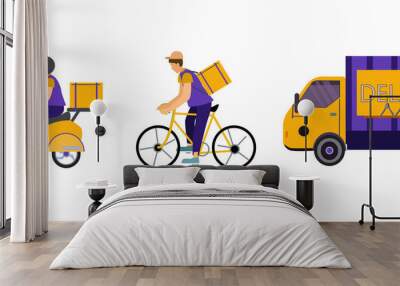 vector icons with delivery men riding bike and scooter near truck with delivery lettering on white Wall mural