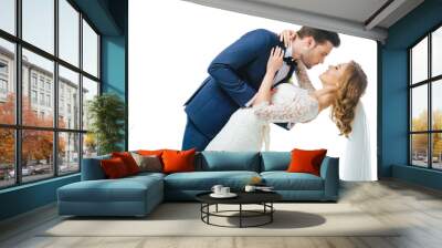 young bride and groom dancing together isolated on white Wall mural