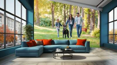 young interracial family with dog holding hands and walking in sunny forest Wall mural