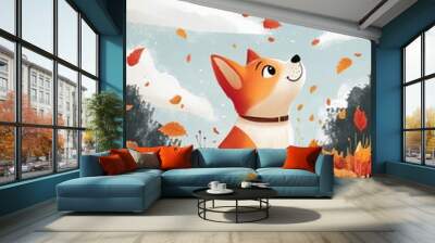 A cheerful corgi surrounded by vibrant autumn leaves, capturing the essence of fall in a whimsical and colorful illustration. Wall mural