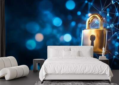 A digital lock represents cybersecurity, safeguarding data in a connected world with glowing technology. Wall mural