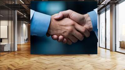 A firm handshake between two professionals symbolizing agreement and collaboration in a modern business environment. Wall mural