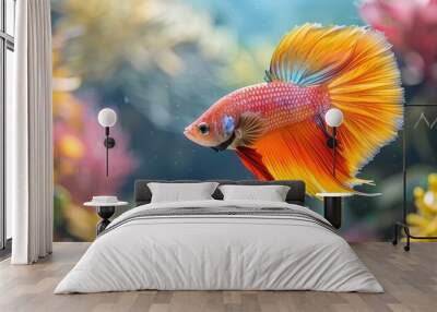 A fish swimming gracefully in a beautifully decorated aquarium Wall mural