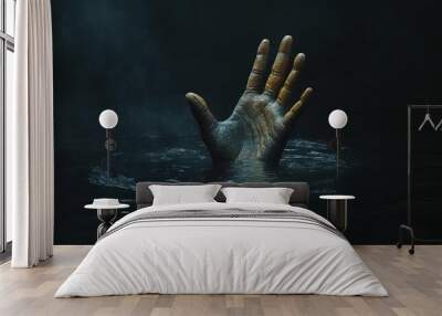 A hand reaching out from dark water, evoking desperation. Wall mural