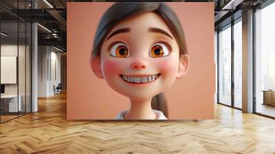 Cheerful animated character with braces and bright, expressive eyes, showcasing a joyful smile against a soft background. Wall mural