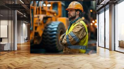 Construction worker in safety gear, industrial environment. Wall mural