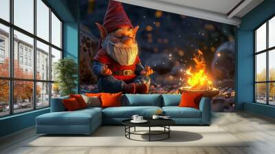 Gnome packs meditation interrupted by fire discovery, Fasolada night under stars , 3DCG Wall mural