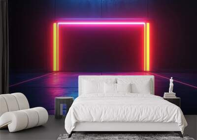 Vibrant neon lights frame a dark space, creating an atmospheric backdrop for modern art or futuristic themes. Wall mural