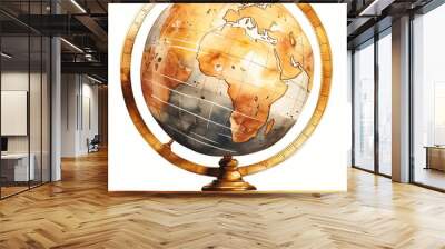 Watercolor illustration of a globe with gold stand, detailed clipart, single object isolated on white background, excellent for international business services Wall mural