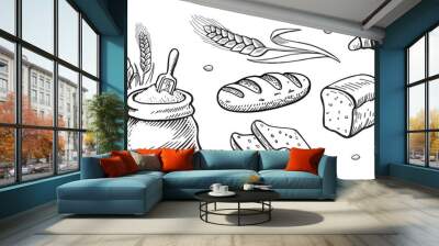 Cereal spikelets, grain in sack and bread hand drawn. Bakery engraving illustration. Vector sketch illustration. Wall mural