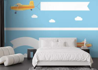 flying vintage plane with the advertising banner modern flat Wall mural