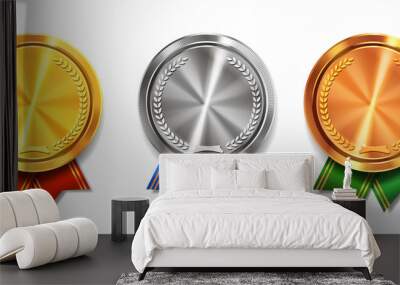 Gold, silver and bronze medals realistic set with ribbons. Winner awards symbols Wall mural