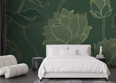 Golden lotus green background vector. Tropical flower design, Lotus leaves line arts for wallpape, packaging, covers, vector illustration. Wall mural