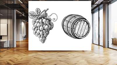 Grape branches and wine barrel hand drawn retro. Isolated on white background. vector illustration Wall mural