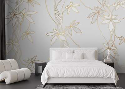 Luxury gold tropical jungle lianas background. Floral pattern, Golden split-leaf line arts illustration on white background Wall mural