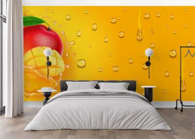 Mango fresh juice splash. Mango fruit beverage with condensation drops on yellow background. 3d realistic banner Wall mural