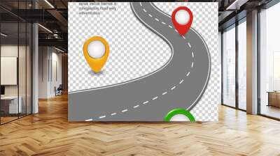 Road way navigation infographic. Highway Template with a curvy car freeway, Roadmap with map pins. Wall mural