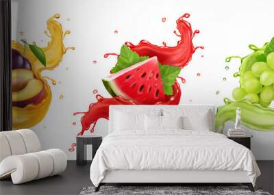 Set of fruit juice splash. White grapes, watermelon, plum Vector Wall mural