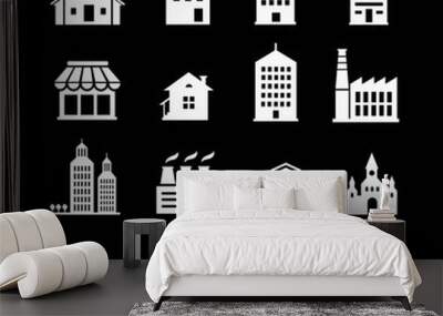 set of various buildings. white on dark background Wall mural