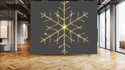 Sparkling golden snowflake with glitter texture on vector transparent background. Christmas, New Year glamorous greeting card or banner Wall mural