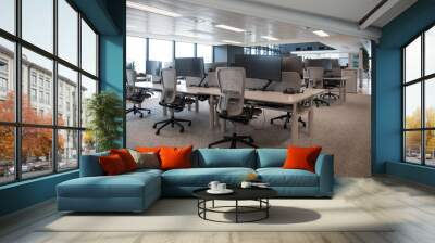 Modern flexible office work space interior fitout rows desks chairs floor cieiling windows T5 lights computer stations screens cityview	 Wall mural