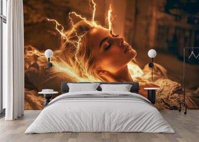 Portrait of a beautiful woman doing energy therapy session with abstract energy power flowing around her head. Wall mural