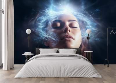 Portrait of a woman doing energy therapy session with abstract blue energy power flowing around her head. Wall mural