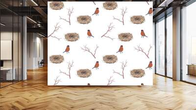 Seamless pattern with birds / bullfinches, bird nests and branches on white background. Repetitive vector illustration. Wall mural