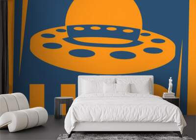 Ufo illustration flat poster orange blue. Extraterrestrial poster. Ufo floating. July 2 UFO day. World UFO day. Aliens vector.  Wall mural